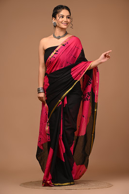 LOVWEAR Printed, Blocked Printed, Self Design, Hand Painted Ikkat Pure Cotton Saree(Pink)