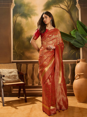 manvaa Embellished Banarasi Brocade Saree(Red)