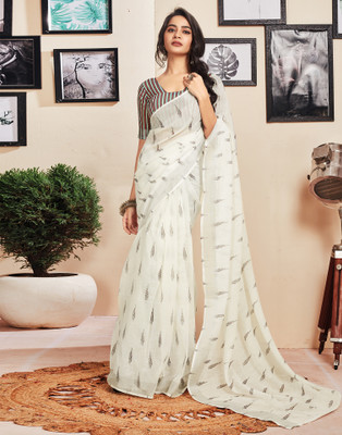 Samah Printed, Embellished, Striped Jamdani Cotton Blend Saree(White)