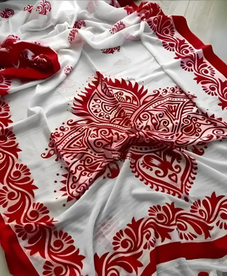 Amita Collections Printed Bollywood Cotton Blend Saree(White)