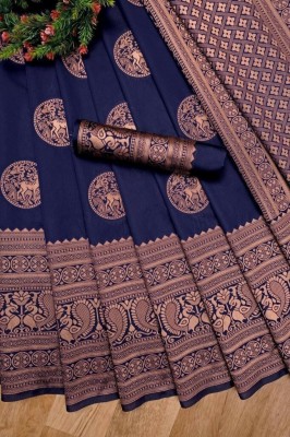 CHOCHATH Woven Kanjivaram Jacquard, Pure Silk Saree(Dark Blue)