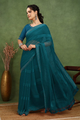 MIRCHI FASHION Solid/Plain, Embellished Bollywood Georgette Saree(Blue)