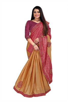 nv patel Embroidered Bollywood Lycra Blend Saree(Beige)
