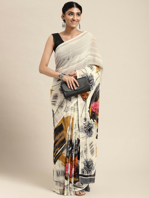 SVB Sarees Printed Banarasi Georgette Saree(White)