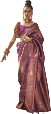 Akhilam Embroidered Kanjivaram Silk Blend Saree(Purple)