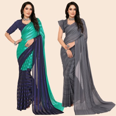 Anand Sarees Self Design Bollywood Satin Saree(Pack of 2, Green, Blue, Grey)