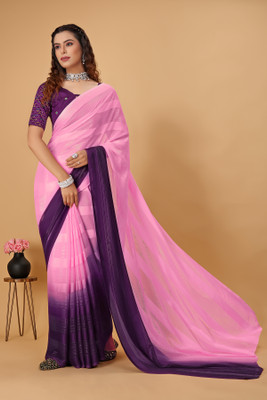 Mionas Solid/Plain, Striped Bollywood Georgette Saree(Purple)