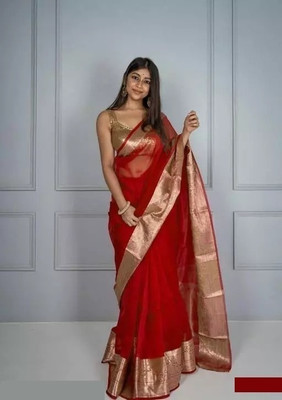 Upalksh Woven Chanderi Organza Saree(Red)