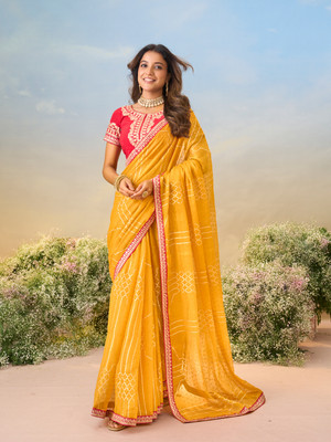 Laxmipati sarees Printed Saree with Attached Blouse Chiffon Saree(Mustard)
