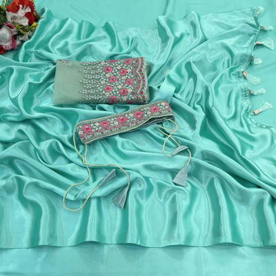 Ethina Fashion Dyed Bollywood Satin Saree(Light Blue)