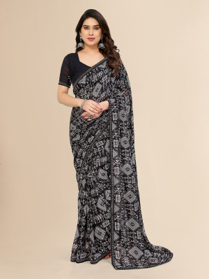 Moda Rapido Embellished, Geometric Print Bollywood Georgette Saree(Black)