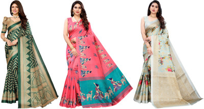 YASHIKA Printed, Woven Daily Wear Art Silk Saree(Pack of 3, Dark Green, Pink, Light Blue)