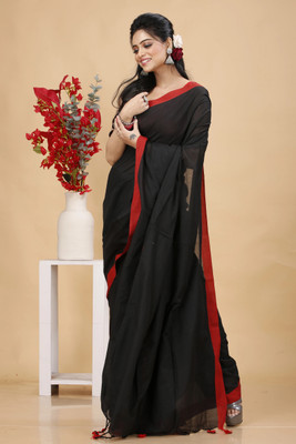GOLU Solid/Plain Handloom Pure Cotton Saree(Black)
