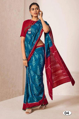 HD DESIGN Printed Daily Wear Pure Cotton Saree(Blue, Red)