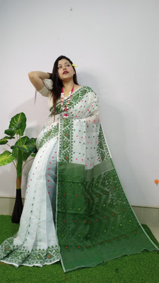 Revival Woven Jamdani Cotton Blend Saree(Green, White)