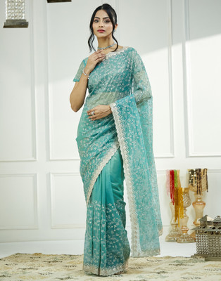 Samah Embroidered, Embellished Bollywood Net Saree(Light Blue, Gold)