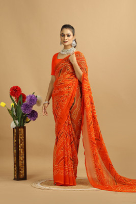 Damru trendz Digital Print Leheria Georgette Saree(Orange)