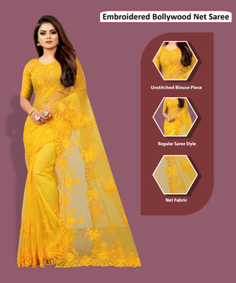 Barkiya Creation Embroidered Bollywood Net Saree(Yellow)