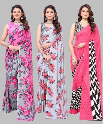 YASHIKA Floral Print Daily Wear Georgette Saree(Pack of 3, Grey, Pink)