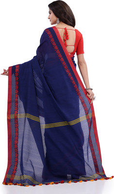 Desh Bidesh Woven, Solid/Plain, Self Design, Striped Handloom Handloom Cotton Blend, Pure Cotton Saree(Dark Blue)