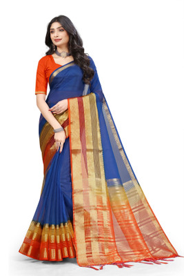 Aarunika MNT Solid/Plain Bollywood Organza Saree(Blue, Gold, Orange)