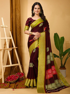 Anouk Rustic Printed Chinnalapattu Silk Blend Saree(Brown)