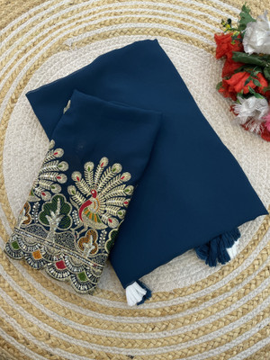 PIYA DESIGNER Solid/Plain, Self Design Bollywood Georgette Saree(Dark Blue)