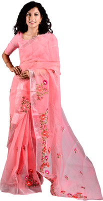 sarvagya Embroidered Kota Doria Cotton Blend Saree(Orange)