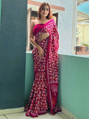 ANOUK Printed Baluchari Pure Cotton Saree(Pink)