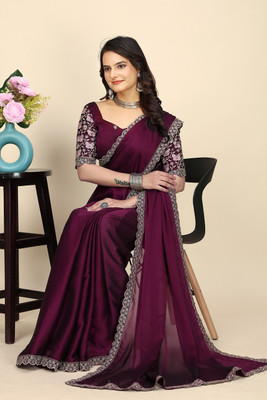 SAADHYA CREATION Embroidered, Solid/Plain Bollywood Chiffon Saree(Purple)