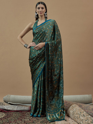 Tasrika Printed Hand Batik Crepe Saree(Green)