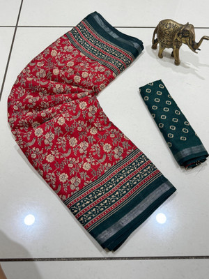Saraswati Fab Printed Kalamkari Mulmul Saree(Red)