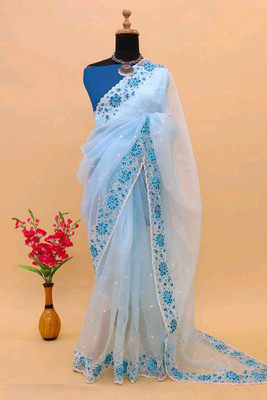 KanjiQueen Embellished Bollywood Net Saree(Light Blue, Silver)