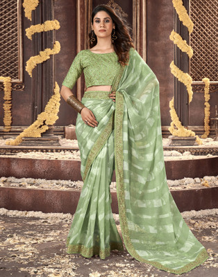 Divastri Printed, Embroidered, Embellished Bollywood Georgette Saree(Green)