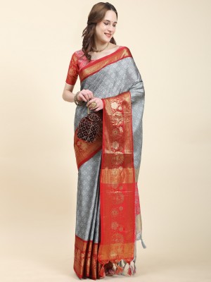 SILK SAREE HUB Woven Kanjivaram Jacquard, Cotton Silk Saree(Grey)