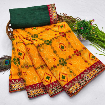 Diva Printed Bandhani Georgette Saree(Red, Orange)