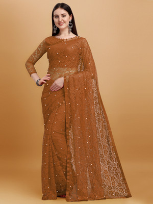 LOROFY Embellished Bollywood Net Saree(Brown)