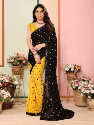 TTH Polka Print Bollywood Georgette Saree(Yellow, Black)