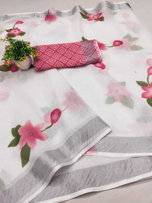 Gajal Self Design Kanjivaram Linen, Cotton Linen Saree(White)