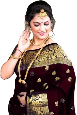 Pervas Woven Banarasi Silk Blend, Cotton Silk Saree(Maroon)