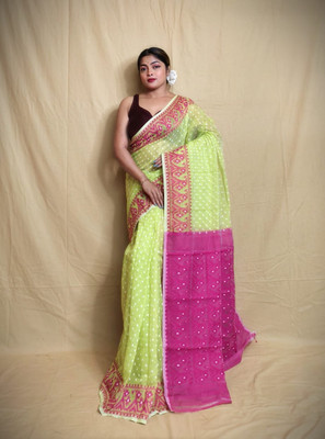 SPFashion Self Design, Woven Jamdani Cotton Silk Saree(Light Green, Magenta)