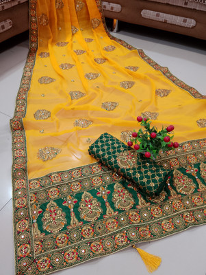 Anjani Textile Embellished Bollywood Silk Blend Saree(Yellow)