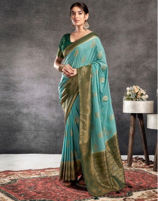 Satrani Dyed, Woven, Embellished Bollywood Chiffon, Georgette Saree(Light Blue, Dark Green)