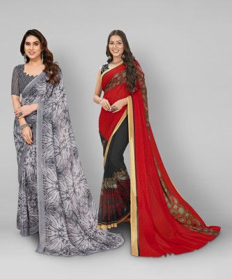 kashvi sarees Floral Print, Polka Print, Ombre, Printed Bollywood Georgette Saree(Pack of 2, Red, Black, Grey)