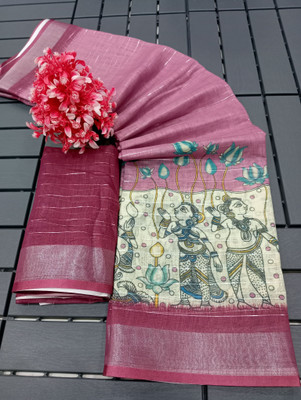 HouseOfCommon Printed Kanjivaram Pure Cotton, Cotton Linen Saree(Pink)