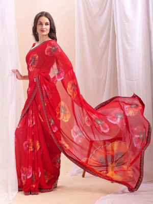 Leelavati Printed, Embellished, Embroidered Daily Wear Chiffon Saree(Red)