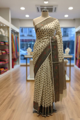 Kashi Silk Self Design, Woven, Embroidered Banarasi Cotton Silk Saree(Beige)