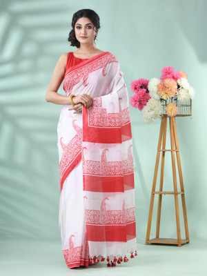 Desh Bidesh Printed Tant Handloom Pure Cotton Saree(Red)