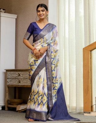 Satrani Floral Print Bollywood Silk Blend Saree(White, Dark Blue)