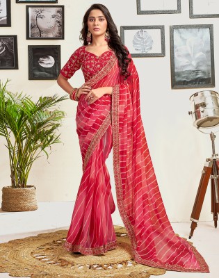 Divastri Printed, Embellished, Embroidered Leheria Georgette, Lace Saree(Red, Pink)